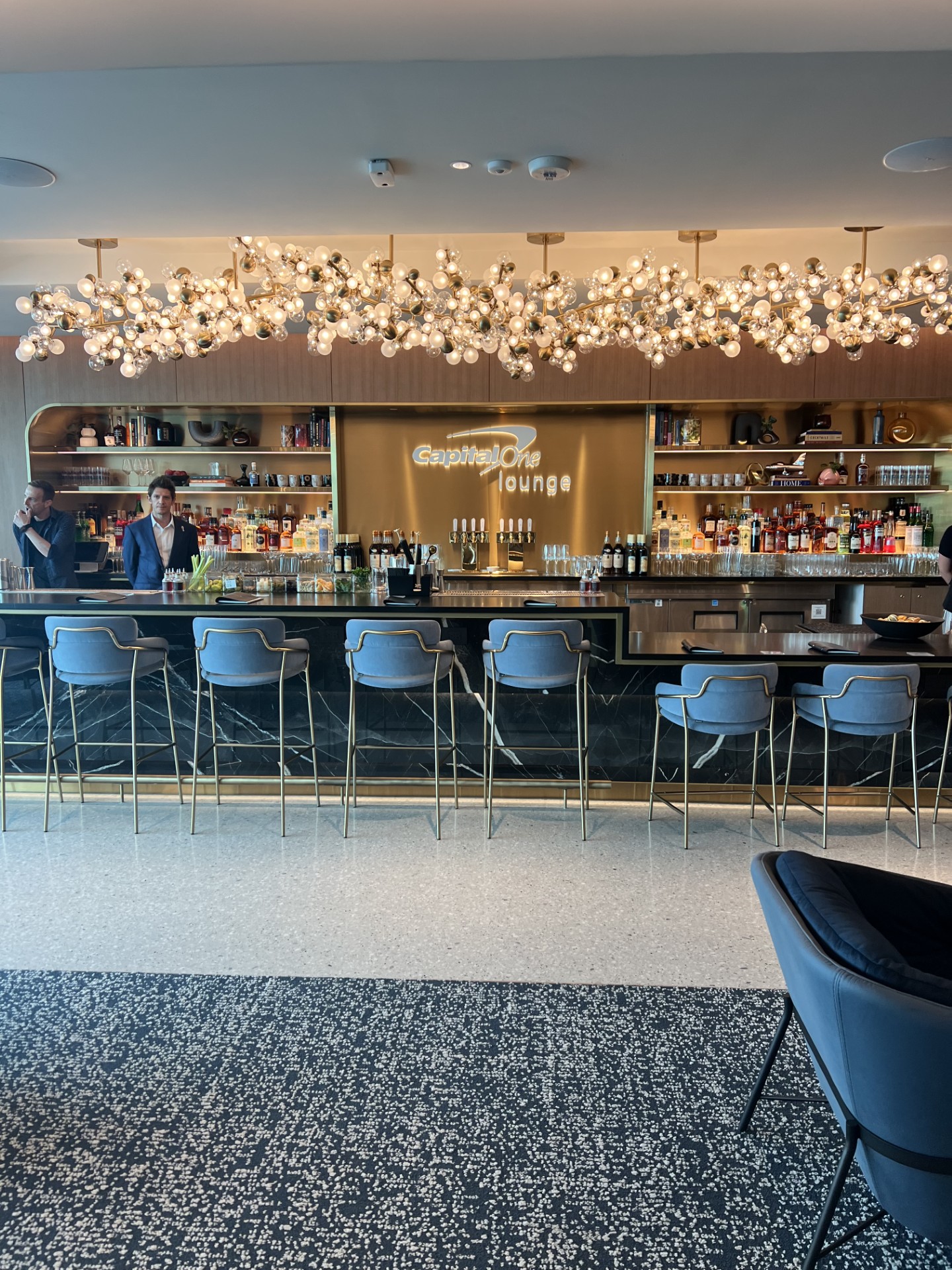 A hallmark feature of the lounge’s bar is the organic brass and round lightbulb lighting fixture that extends over the length of the bar like carefully trained bougainvillea.